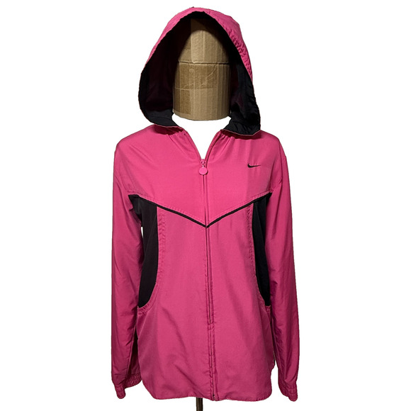 Nike Jacket Womens Large 12-14 Pink Black Colorblock Full Zip Hooded Windbreaker - Picture 5 of 11